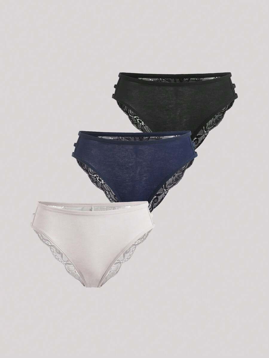 Hourtrue 3pcs Set Solid Color Lace Patchwork Spaghetti Strap Hollow Triangle Panty, Sexy & Romantic Women Underwear - Multicolor - View 1
