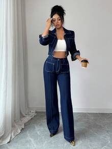 Elenzga Casual Loose Non-Stretch Dark Washed High-End Lapel Jacket & Straight Leg Jeans Set - Dark Wash - View 5