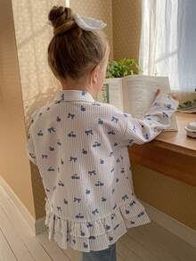 DAZY Young Girl Striped Bow Print Long Sleeve Ruffle Hem Cute Blouse Spring - Multicolor - View 6
