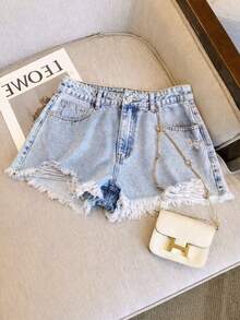 GlowEve 女士蝴蝶结刺绣毛边时尚牛仔短裤 - 藍色 - 查看 3