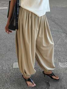 Livesso Pantaloni casual e morbidi da donna, design alla moda per ufficio/strada con polsini plissettati, leggeri per uso all'aperto, vacanza, sport, primavera/estate - Albicocca - Visualizzare 3