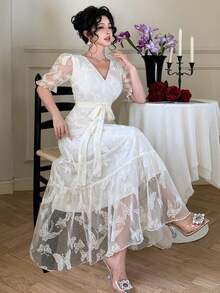 DAZY Women's Elegant Lace V-Neck Belted Mid-Length Dress, Summer - Beige - View 1