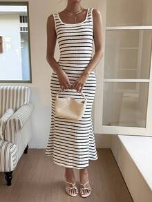 Livesso Đầm midi không tay phối màu đen trắng, kiểu dáng thoải mái phù hợp cho kỳ nghỉ biển, thích hợp cho mùa xuân và mùa hè. - Đen và trắng - Xem 6