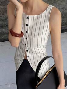 Livesso Áo vest không tay dáng rộng, phối màu kẻ sọc, phong cách công sở dành cho nữ, trang phục công sở thời trang cho mùa xuân và hè. - trắng - Xem 8