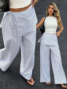 Siren Gaze Women's Casual Striped Print Loose Pants - Blue and White - View 2