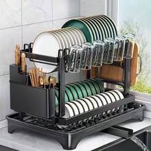 1PC 2-Tier Steel Dish Drying Rack - Includes Cutlery Holder, Cup Rack, Extra Drying Mat - Space-Saving, Rust-Proof, Easy To Clean Kitchen Organizer; Sturdy And Stable Dish Rack; Can Be Used To Store Bowls, Plates, Cups, Knives; Kitchen Rack, Dish Drying Rack, Kitchen Storage - Multicolor - View 4