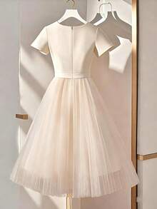 GlowEve CURVE Đầm ngắn tay phối lưới tương phản, kiểu dáng thường ngày, cỡ lớn, mùa hè. - Màu be - Xem 2