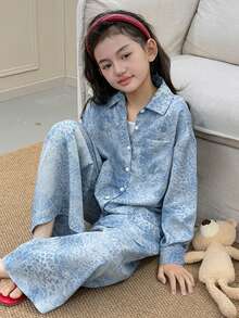 DAZY Conjunto de camisa de manga larga con botones y pantalones con estampado completo para niña preadolescente - Azul - Ver 1