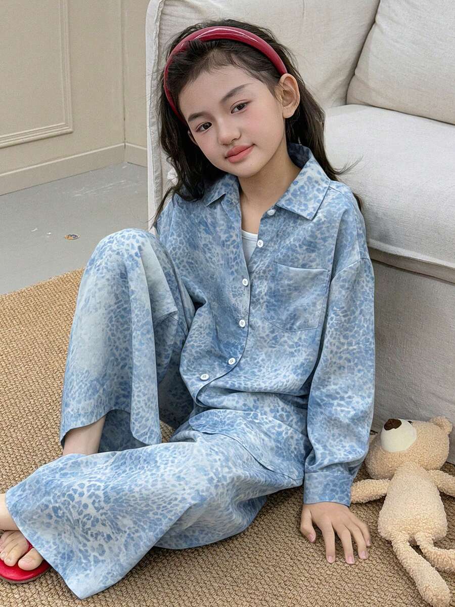 DAZY Conjunto de camisa de manga larga con botones y pantalones con estampado completo para niña preadolescente - Azul - Ver 1