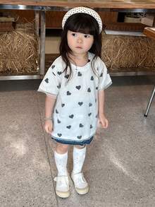 DAZY 女婴爱心印花休闲圆领短袖上衣 - 白色 - 查看 1