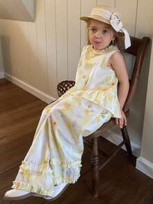 DAZY 2pcs Girls (Small) Round Neck Ruffle Trim Sleeveless Korean Style Ruffle Blouse & Loose Casual Pants Set - Yellow - View 3