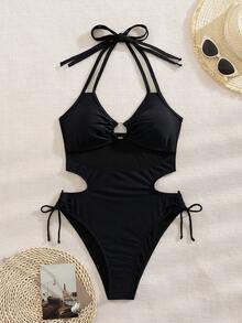 Swim SXY Women's Halter Neck Backless Drawstring Sexy One-Piece Swimsuit - Black - View 7