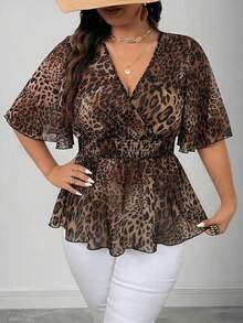 Elenzga 2026春夏新款加大码雪纺渐变豹纹V领喇叭袖荷叶袖短袖松紧腰喇叭下摆修身女式衬衫 - 棕色 - 查看 4