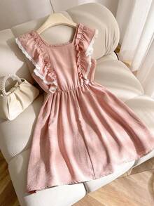Elladie kids 1 pieza Vestido casual de princesa para niñas preadolescentes con mangas de encaje, hombros descubiertos, cintura elástica, tela ligera y decoración floral elegante para el verano - Rosa - Ver 2