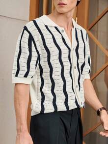 RONVEXI 男士条纹印花纽扣前开襟休闲短袖针织衫套头衫，男士针织衫，男士条纹针织开衫，短袖条纹针织开衫，男士针织衬衫，男士钩针衬衫，男士黑白衬衫，男士夏季上衣，男士度假装 - 黑與白 - 查看 6