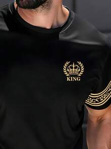 Manfinity LEGND 男士休闲短袖T恤，时尚皇冠国王图案印花T恤，简约百搭设计，适合外出穿着，可作为送给男友/家人的礼物 - 彩色 - 查看 4