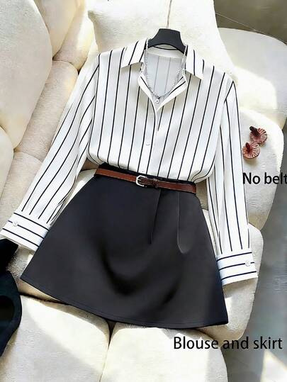 Franclia Early Spring Commuter Outfit: French Black & White Striped Shirt Blouse + Black A-Line Mini Skirt 2-Piece Set, Minimalist Chic Style For School, Work, Casual, Date, Vacation
