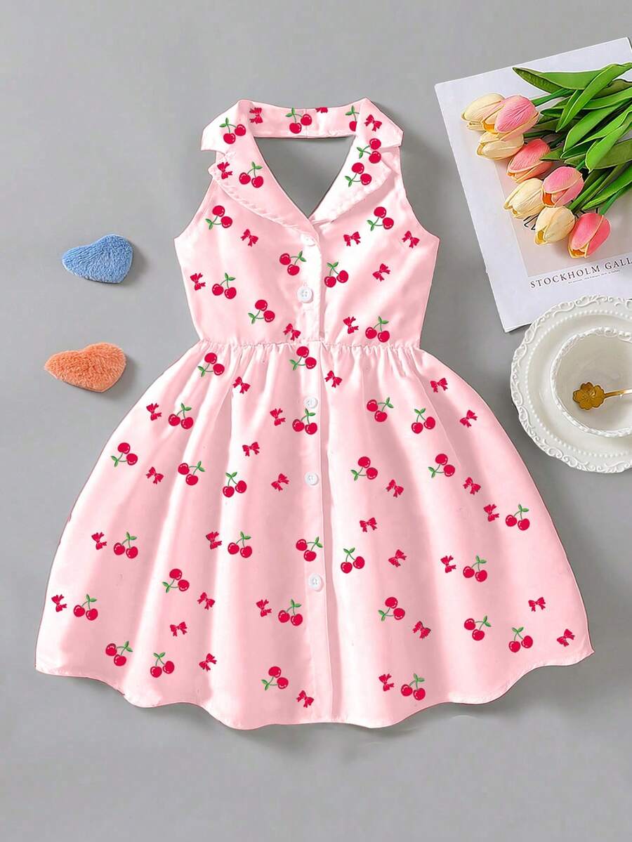 SHEIN Elladie kids Girls Summer New Fashionable Polo Collar Halter Backless Waist Cinched Sweet Versatile Vacation Dress Dresses Kids Girls Cherry Cute Summer Dresses For Kids Kids Casual Aline Sleeveless Dresses - Pink - View 1