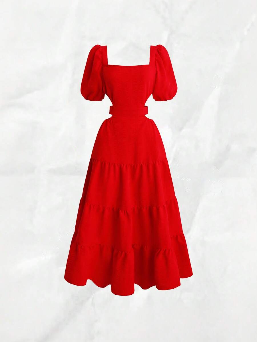 Olithes Damen Lässig Einfarbiges Off-Shoulder Kleid - Rot - Übersicht 1