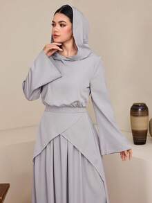 Graceveil 女士连帽褶裥腰身阿拉伯风格连衣裙 - 淺灰紫 - 查看 7