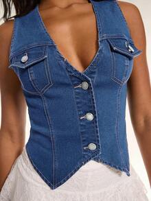 SHEIN BAE Summer Boho Music Festival Carnival Party Nomadic Western Road Party Retro Old Washed Denim Vest Jacket, Holiday,Rave Top,Ibiza,Festival,Going Out - Medium Wash - View 7