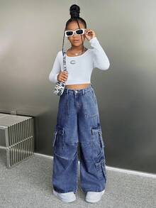 SHEIN Tween Girl's Y2K Loose Casual Denim Jeans With Pockets, Pleats, And Wide-Legged Design,Girls Casual Button,Pocket,Zipper Drop Waist Wide Leg Long Blue Loose Girls Jeans,Fall/Winter,Casual Daily Wear