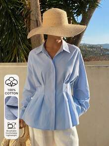 Livesso Women's Collared Ruched Waist Blouse, Autumn/Winter - Blue - View 1