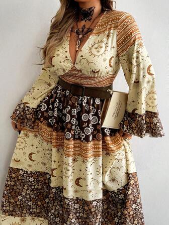 Whyspr Vestido de talla grande con estampado vintage, manga acampanada y parches