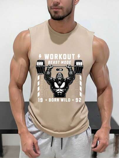 Hombre deportivo moderno sin mangas estampado gráfico gorila tela ligera ajuste atlético primavera verano gimnasio entrenamiento playera