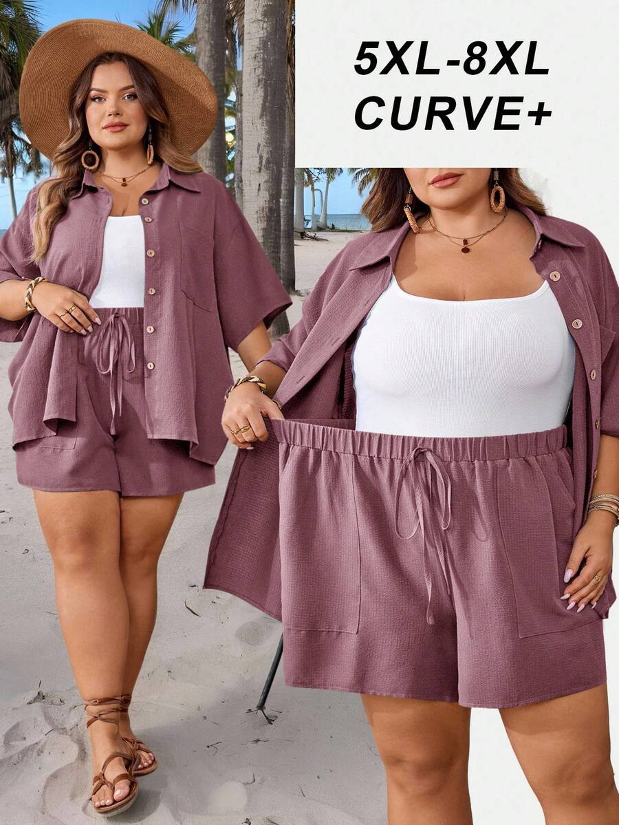 SHEIN CURVE+ 大码纯色衬衫短裤两件套，度假沙滩装/女士沙滩裙/沙滩度假装/沙滩必备/毕业典礼/下午茶会礼服，两件套夏季套装/乡村风/沙滩度假装/沙滩装/沙滩服饰 - 紫羅蘭色 - 查看 1