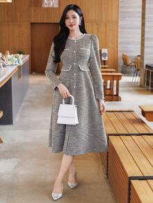 DAZY Đầm midi phối họa tiết thanh lịch mùa xuân & hè, thiết kế ôm eo, phù hợp cho hẹn hò, đám cưới, tiệc tùng, các dịp thường ngày và công sở. - Màu be - Xem 3