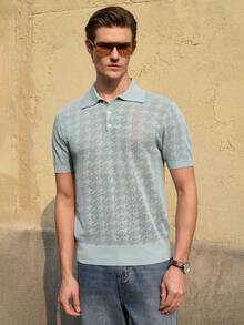 Manfinity CityGents Suéter masculino casual de cor sólida com estampa pied-de-poule vazada e padrão de mil pássaros. Tecido macio para maior conforto. Ideal para uso casual no verão, passeios diários e looks estilosos. Camisas de crochê masculinas, polos de tricô com botões, camisas polo de tricô masculinas, camisas de tricô azul bebê masculinas. - Menta verde - Ver 5