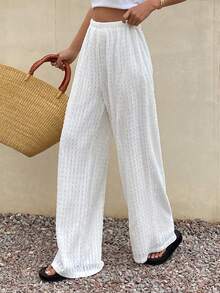 Livesso Women's Perforated Textured Grid White Casual Pants, Loose Relaxed Beach Holiday Style, Straight Leg, Spring/Summer - White - View 6