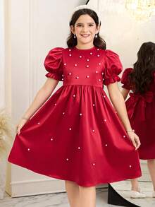 Serisse Kids Tween-Mädchen Kleid im Prinzessinnenstil mit abnehmbarem Kontrast-Rüschenkragen und aufgeblähten Ärmeln in Rot - Rot - Übersicht 9