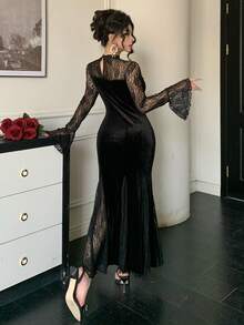 DAZY Đầm dài tay xòe phối ren thanh lịch dành cho nữ, thích hợp cho mùa xuân/hè, ngày Valentine hoặc dự tiệc cưới. - màu đen - Xem 2