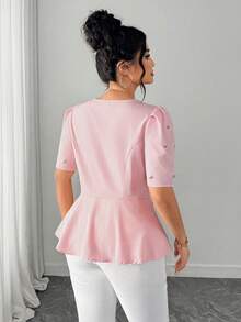 SHEIN Elenzya Áo kiểu tay ngắn cổ chữ V màu trơn, cỡ lớn, đính đá lấp lánh, thanh lịch. - Hồng - Xem 2