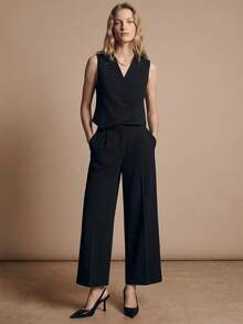 Maija 2 件女式不对称翻领无袖西装外套和阔腿裤套装 - 黑色 - 查看 1