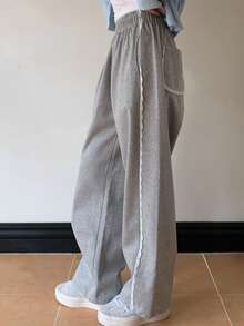 DAZY 女士弹力腰带撞色蕾丝宽松长款运动裤，休闲运动，四季皆宜 - 灰色 - 查看 7