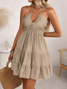 EMERY ROSE Đầm maxi nữ mùa xuân/hè bằng vải lanh thắt nút tre đơn, kiểu dáng bohemian phương Tây, xếp ly nhún bèo ở phần ngực, chân váy xếp tầng, dáng chữ A hở lưng, cổ yếm điều chỉnh được và nơ. - Màu Khaki - Xem 6