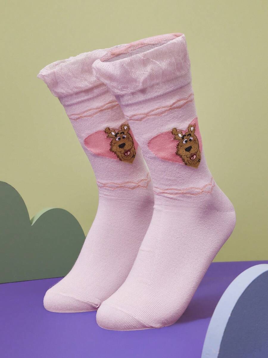 SCOOBY-DOO X SHEIN 1 đôi tất nữ dài đến bắp chân họa tiết chú chó hoạt hình trái tim, thích hợp cho mùa thu/đông. - Nhiều màu - Xem 1