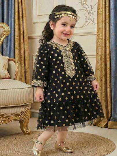 SHEIN Söt och elegant lös prickig långärmad klänning med nätjacka för babyflicka