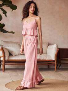 Lullawish 波西米亚风度假性感吊带荷叶边上衣和宽松直筒荷叶边长裤粉色春夏女士睡衣套装 - 粉色 - 查看 4