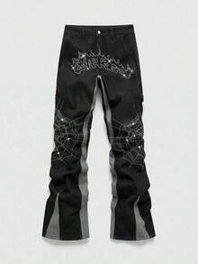 ROMWE MEN Street Life Quần jeans ống loe nam xếp lớp, họa tiết kim cương lấp lánh, phối màu tương phản. - màu đen - Xem 1