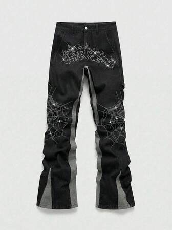 Street Life Jeans acampanados con diseño de diamantes brillantes, parches y contraste de colores para hombres