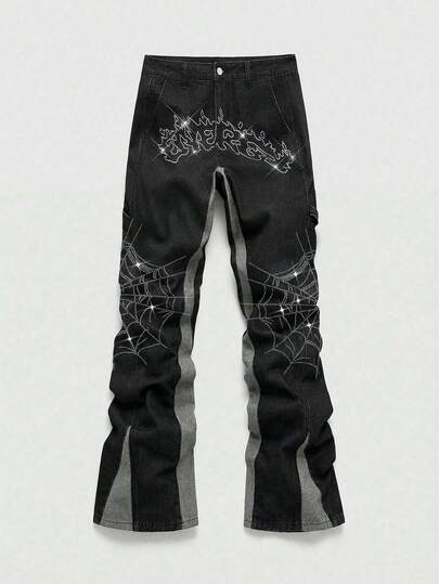 Street Life Jeans acampanados con diseño de diamantes brillantes, parches y contraste de colores para hombres