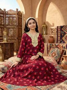 SHEIN Langes Kleid für Teenager-Mädchen mit gewebtem Platzierungsdruck und goldenem Applikation, locker geschnitten, geeignet für Reisen, Urlaub, Landstil, lässigen Badeort, Boho-Stil, passend zu Schwester- und Eltern-Kind-Outfits - Bordeaux - Übersicht 7