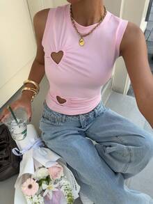 Muchica 女士夏季休闲度假时尚日常简约纯色心形镂空修身露脐背心 - 淺粉色 - 查看 5