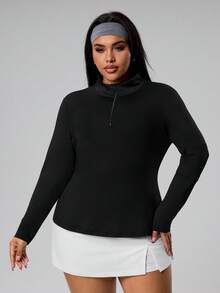 SHEIN Sports Plus Size Women's Casual Sports Solid Color Half-Zip Long Sleeve Sweatshirt - Black - View 5