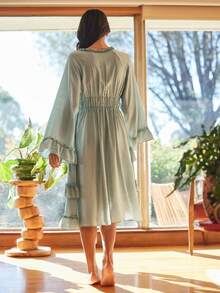 Lullawish 波西米亚风舒适时尚深V领荷叶边绿色女士睡裙 - 綠色 - 查看 2