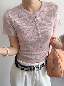 Livesso Spring/Summer Pink Textured Hollow-Out Casual/Office Commute Elegant Short Sleeve Women Knit Top - Pink - View 2